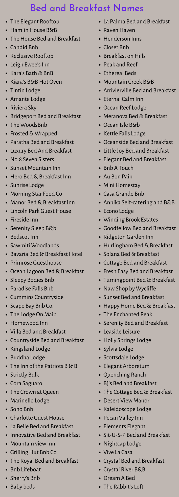 Bed and Breakfast Names