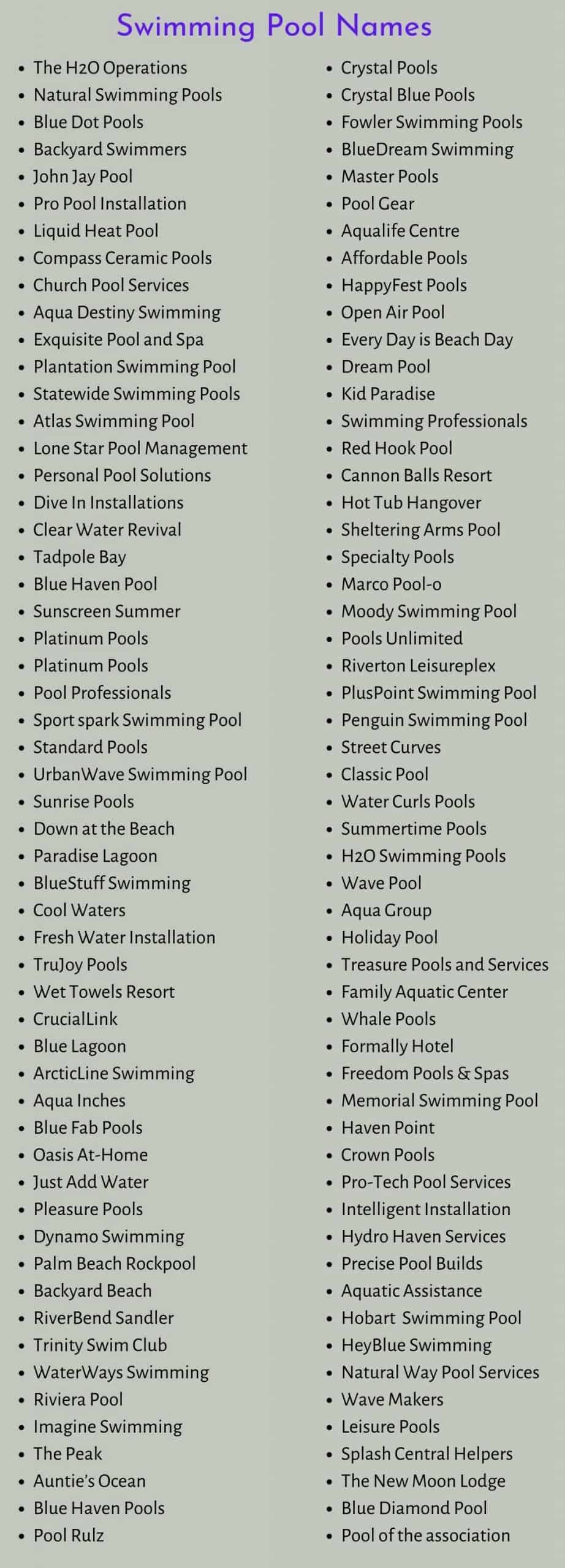 Swimming Pool Names