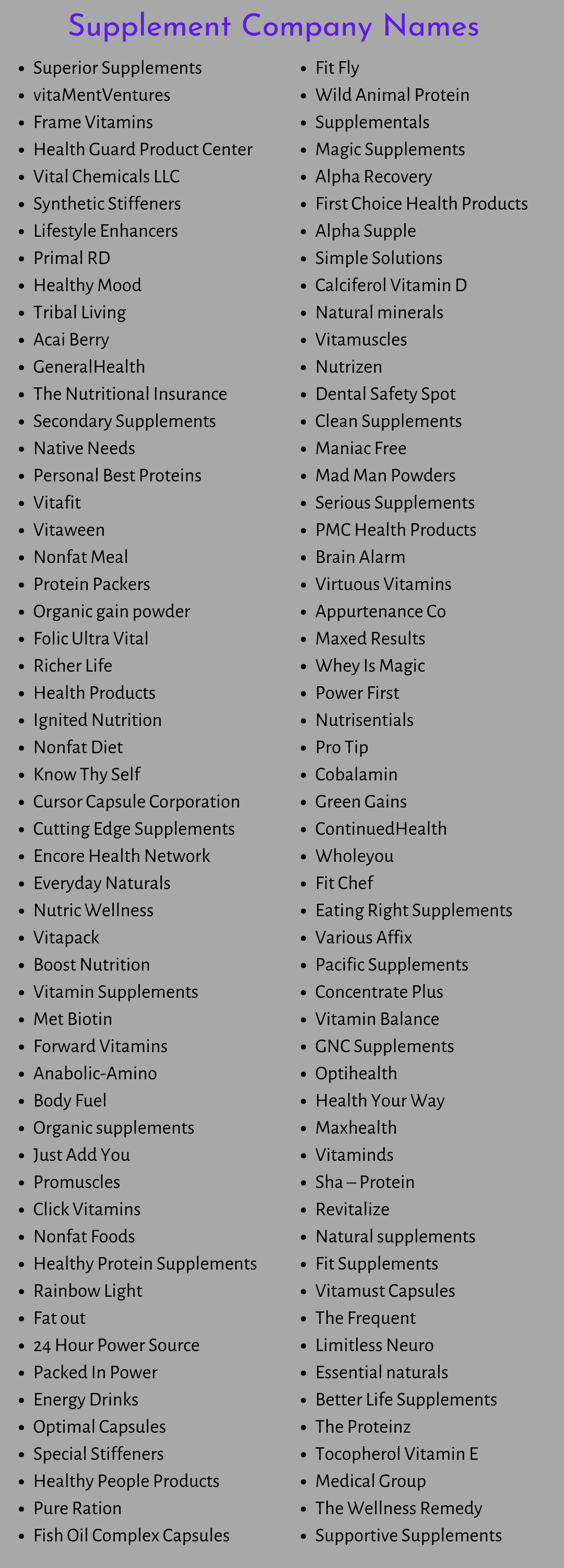 Supplement Company Names