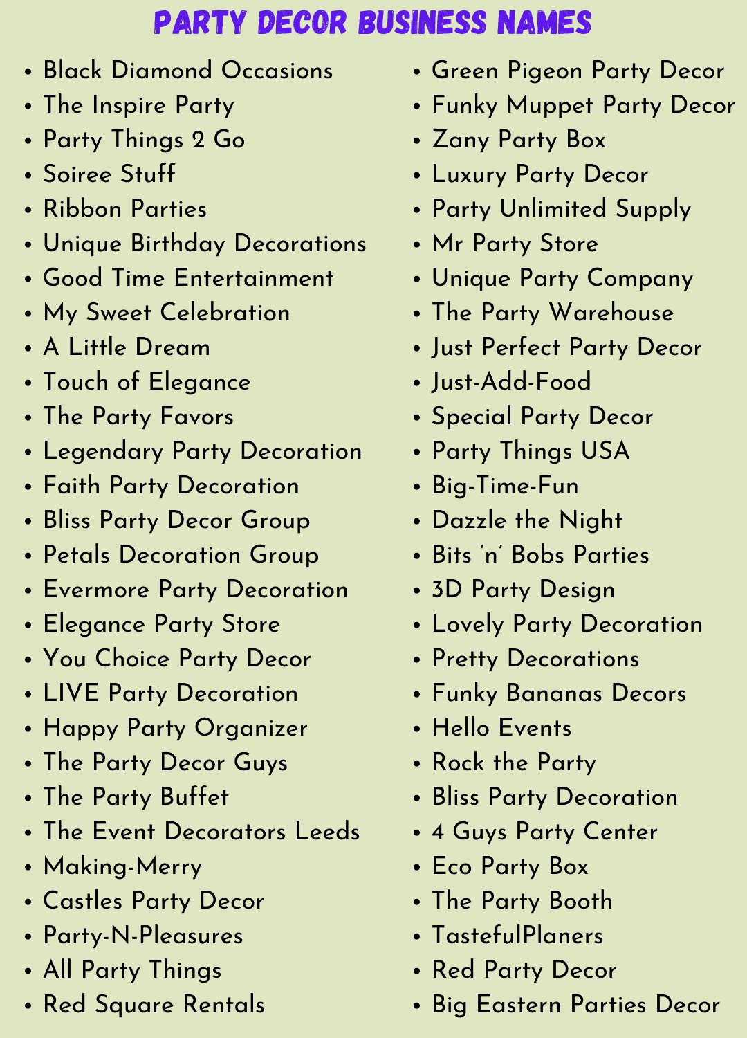 Party Decor Business Names